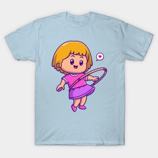 Cute Girl Playing Hula Hoop Cartoon T-Shirt